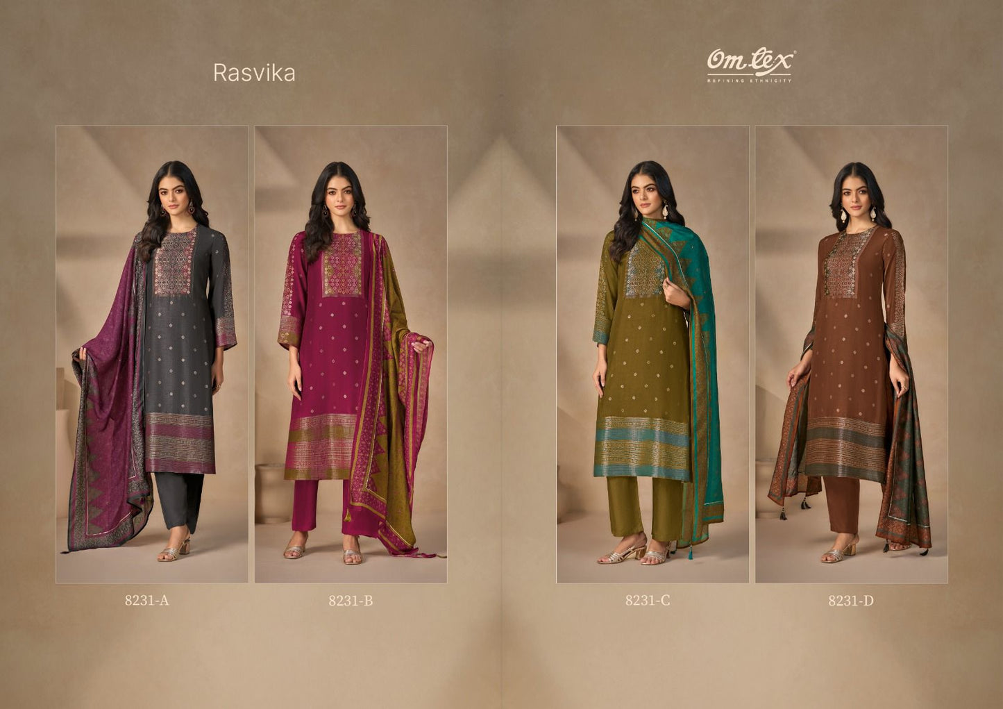 Rasvika Omtex Muslin Jacquard Pant Style Suits Wholesaler Ahmedabad