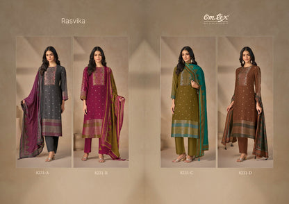 Rasvika Omtex Muslin Jacquard Pant Style Suits Wholesaler Ahmedabad
