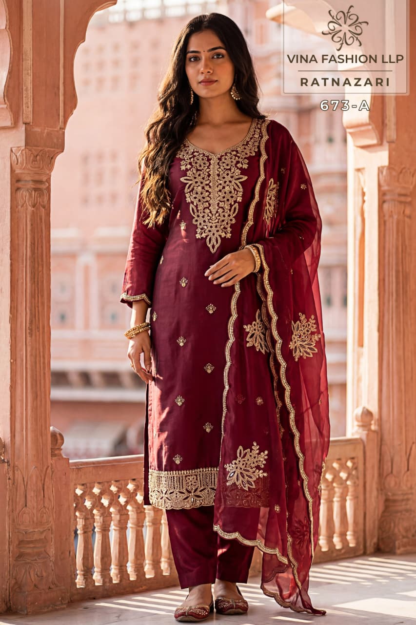 Ratnazari Kuleesh Vinay Fashion Llp Gold Silk Pant Style Suits Exporter