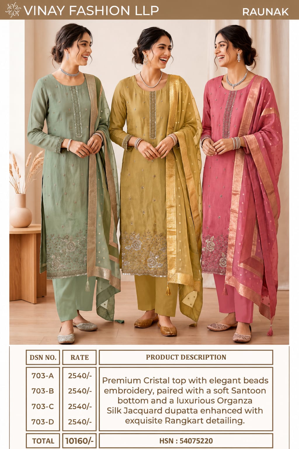 Raunak Kuleesh Vinay Fashion Llp Crystal Pant Style Suits Wholesaler Gujarat