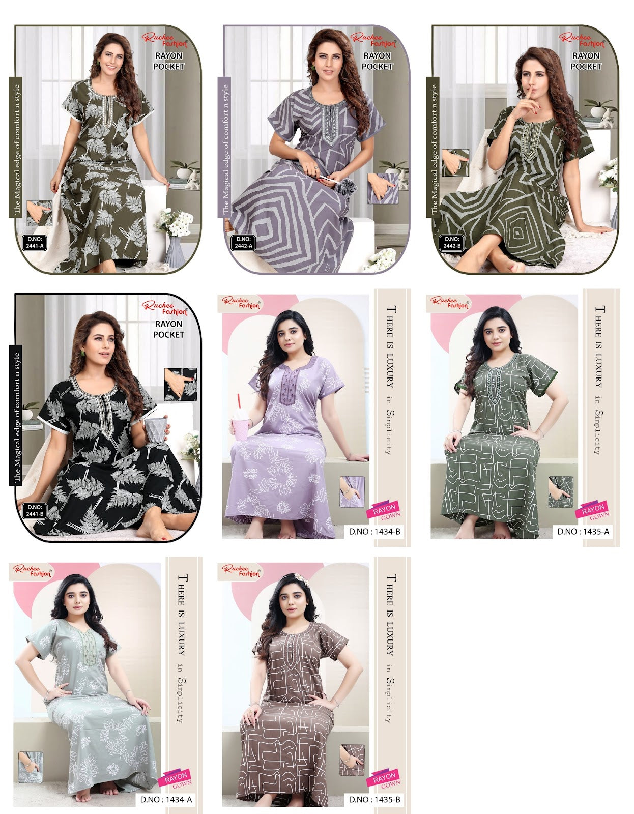 Rayon Pocket Ruchee Fashion Night Gowns Wholesale