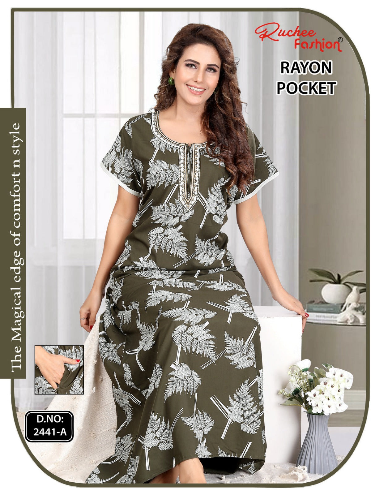 Rayon Pocket Ruchee Fashion Night Gowns Wholesale