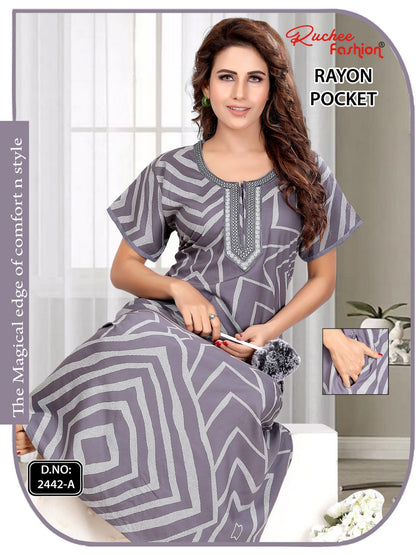 Rayon Pocket Ruchee Fashion Night Gowns Wholesale