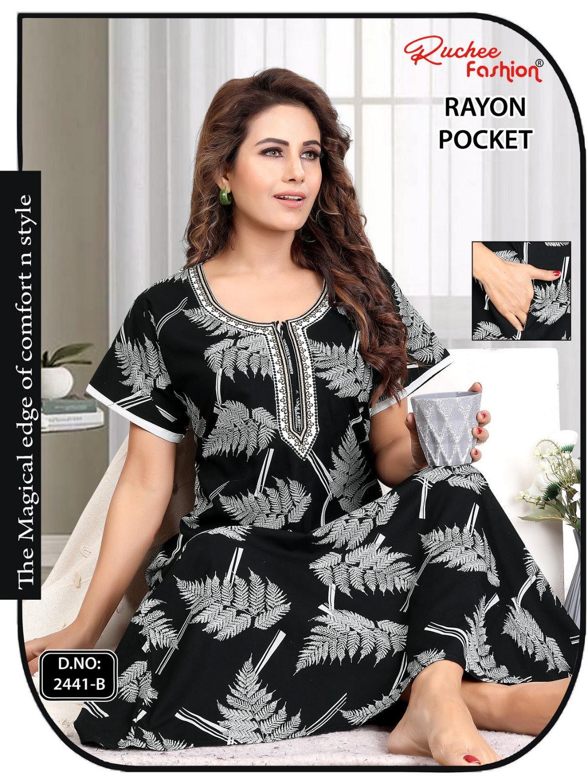Rayon Pocket Ruchee Fashion Night Gowns Wholesale