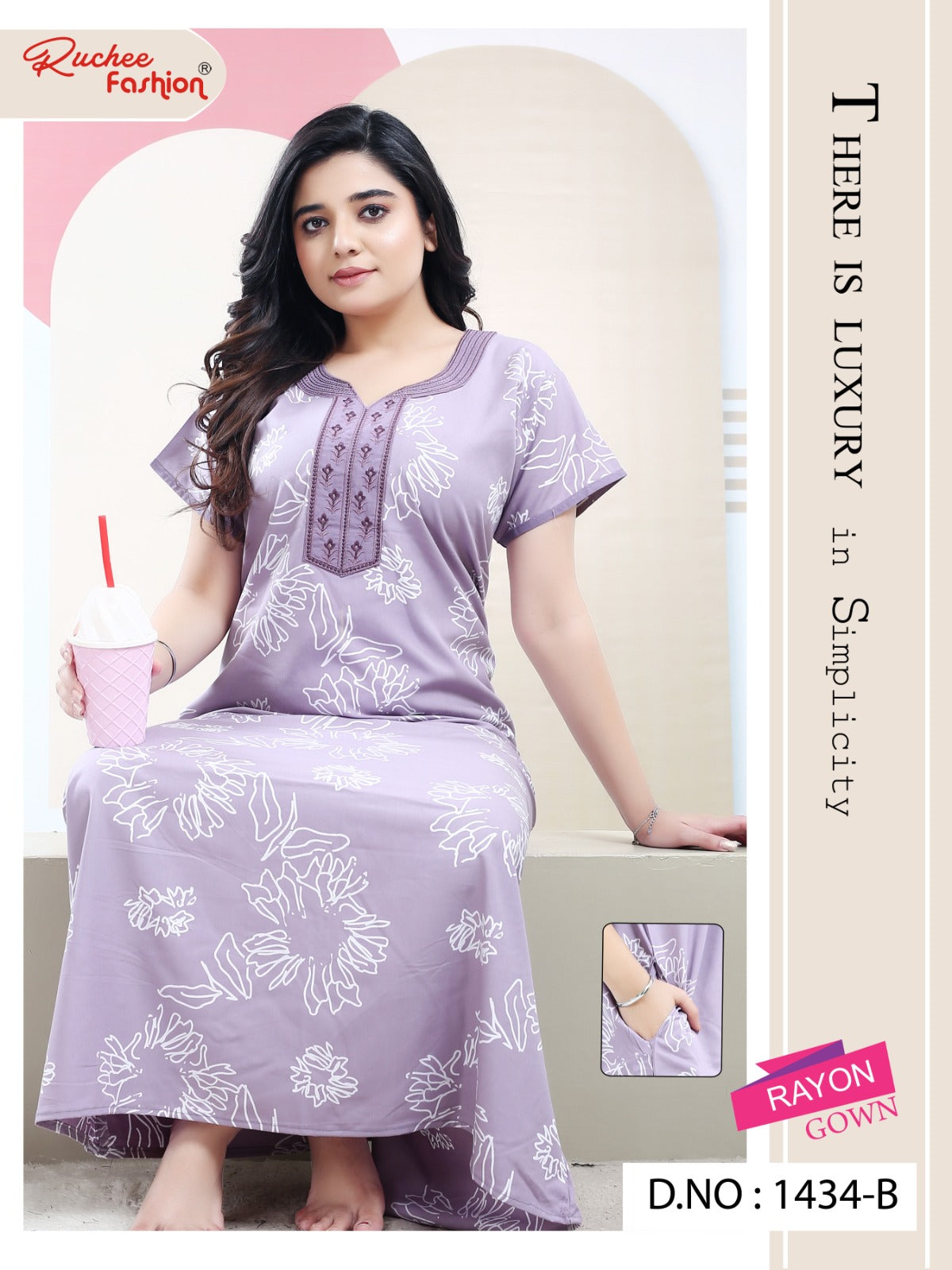 Rayon Pocket Ruchee Fashion Night Gowns Wholesale