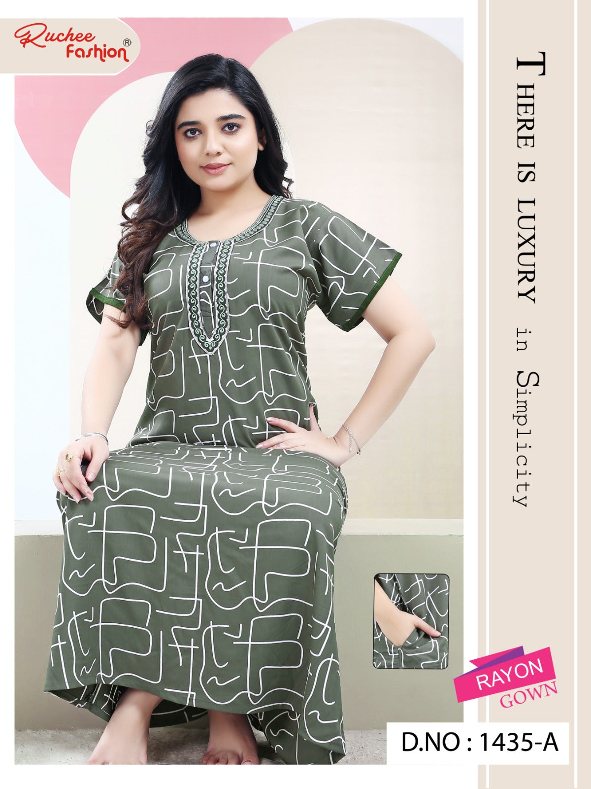 Rayon Pocket Ruchee Fashion Night Gowns Wholesale