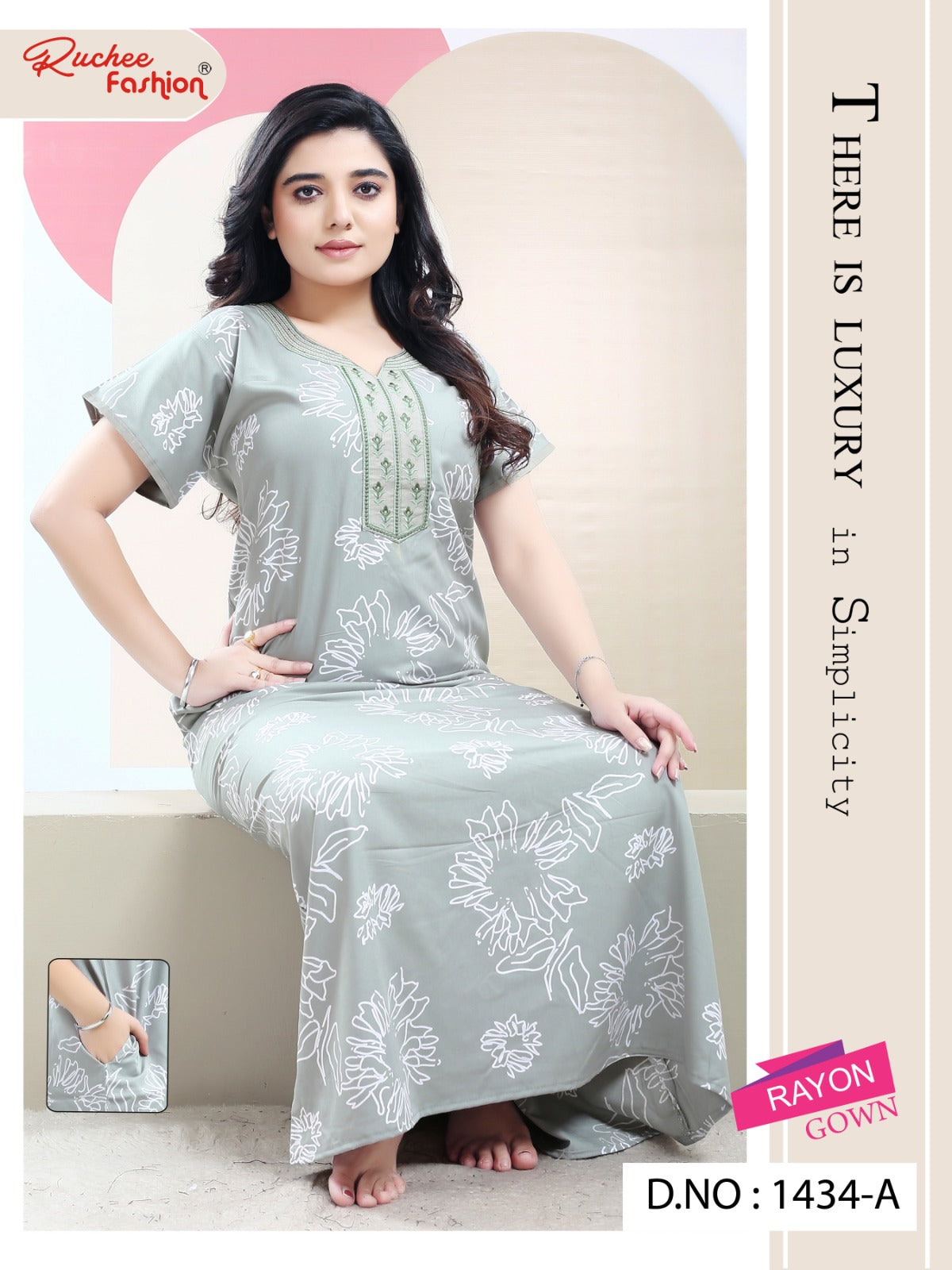 Rayon Pocket Ruchee Fashion Night Gowns Wholesale