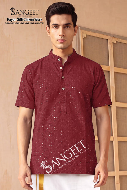 Rayon Sifli Chiken Work Short Sangeet Mens Kurta Wholesaler