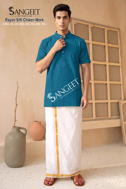 Rayon Sifli Chiken Work Short Sangeet Mens Kurta Wholesaler