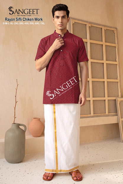 Rayon Sifli Chiken Work Short Sangeet Mens Kurta Wholesaler