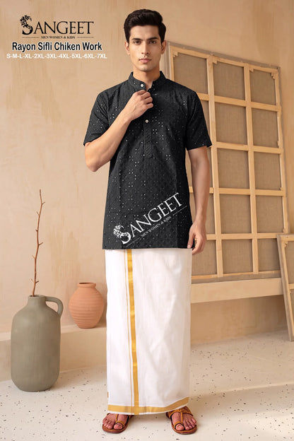 Rayon Sifli Chiken Work Short Sangeet Mens Kurta Wholesaler