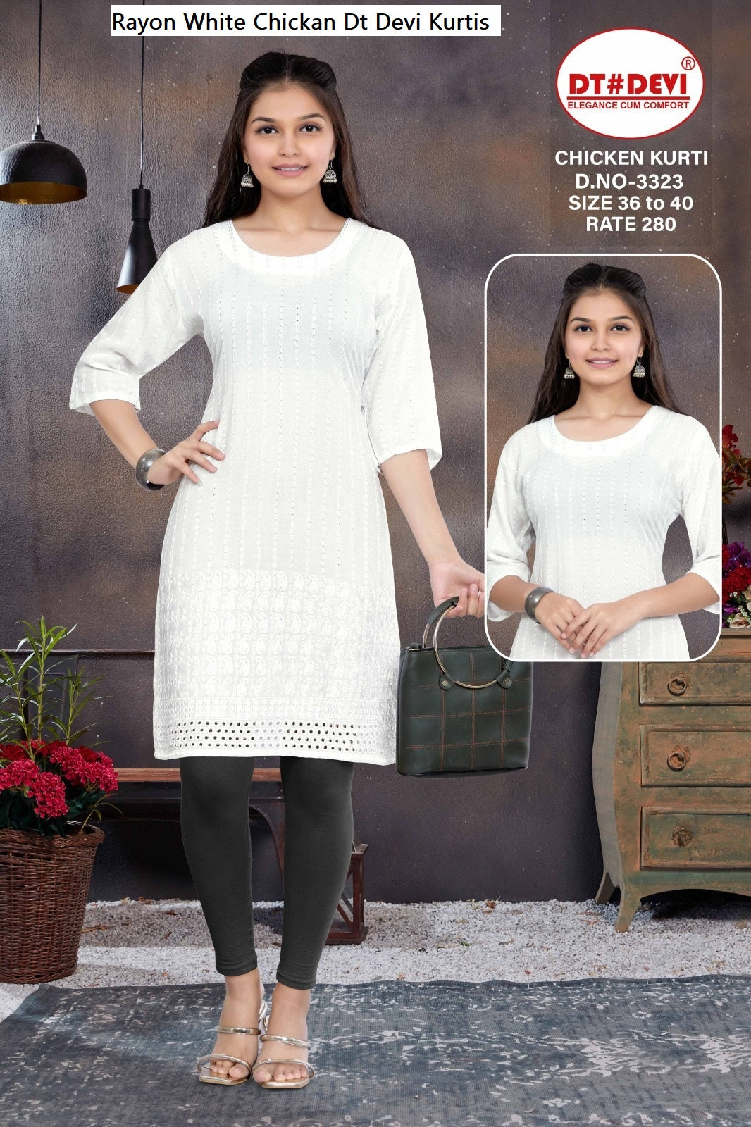 Rayon White Chickan Dt Devi Kurtis Exporter Ahmedabad