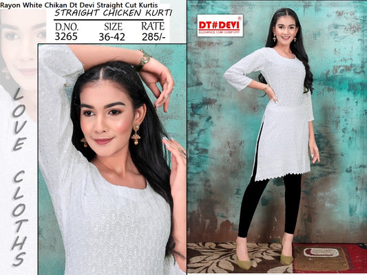 Rayon White Chikan Dt Devi Straight Cut Kurtis Wholesale Price