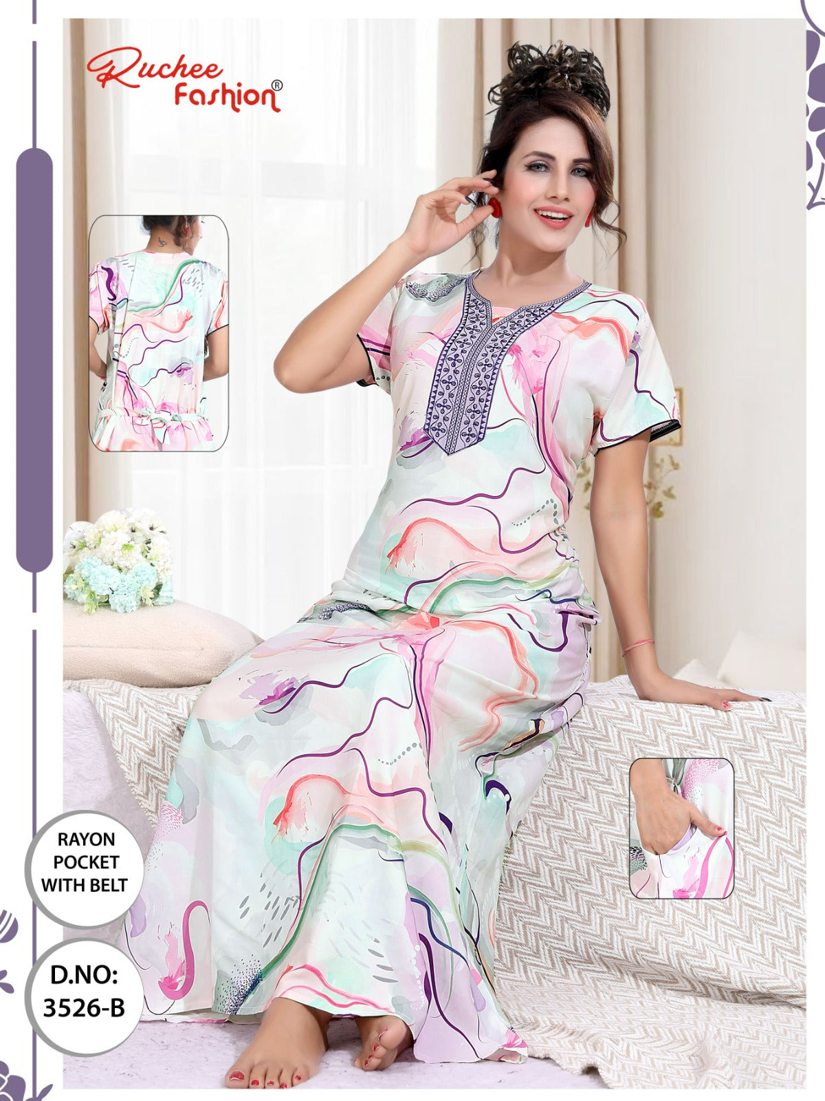 Rayon With Belt 3007 Ruchee Fashion Night Gowns Wholesale