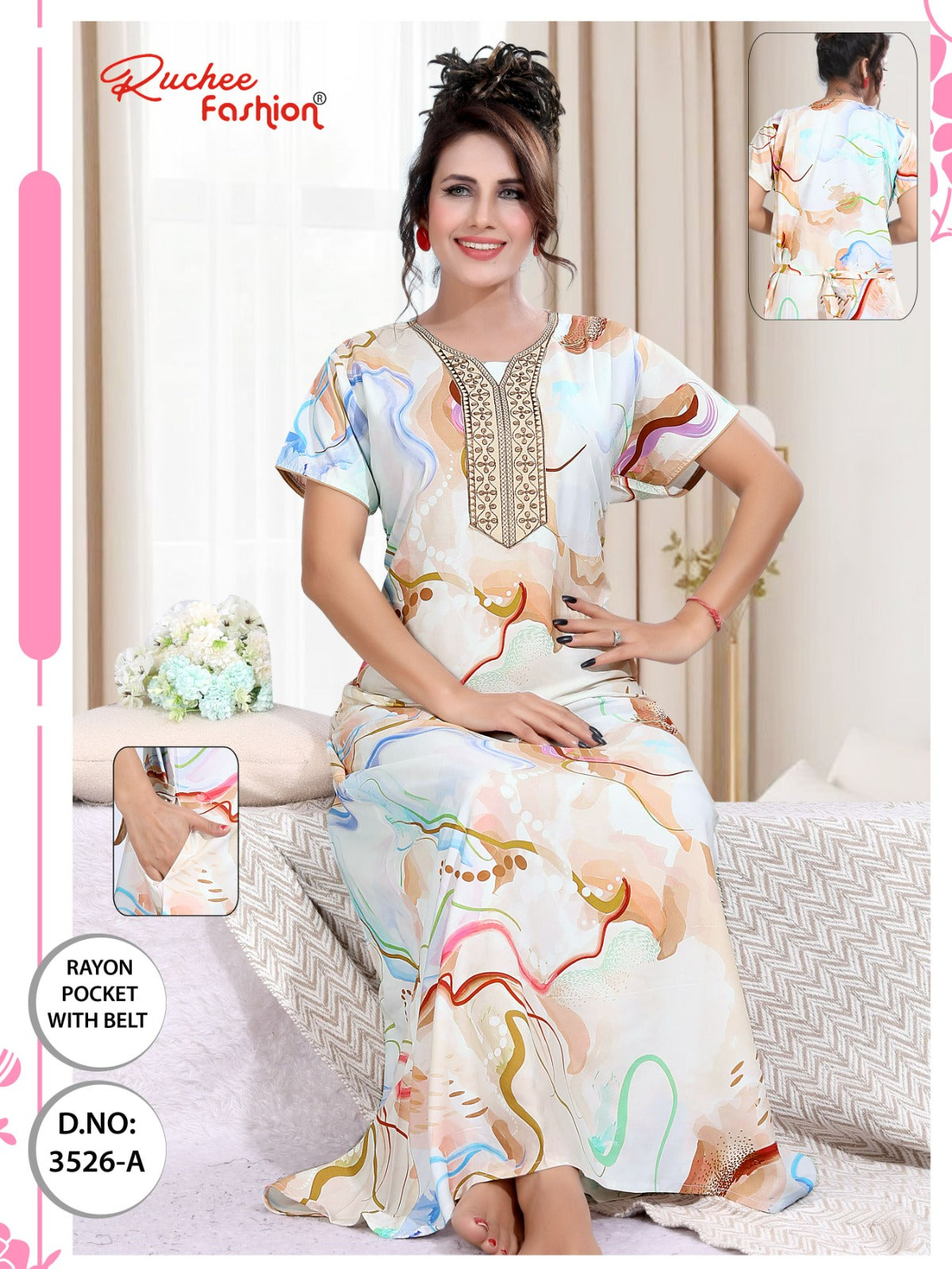 Rayon With Belt 3007 Ruchee Fashion Night Gowns Wholesale