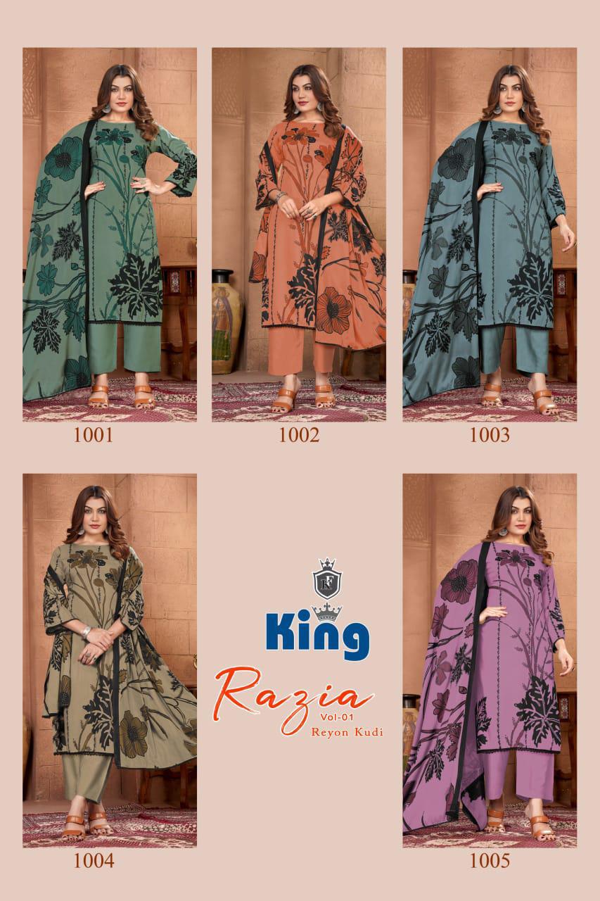 Razia Vol 1 King Rayon Pant Style Suits Supplier Ahmedabad