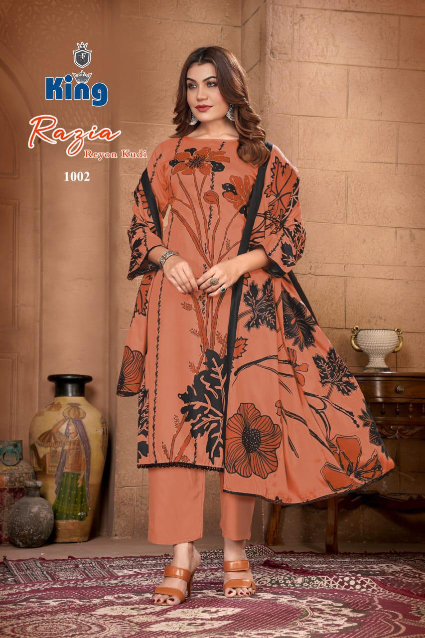 Razia Vol 1 King Rayon Pant Style Suits Supplier Ahmedabad