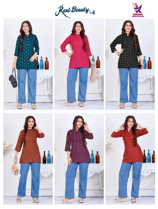 Real Beauty 4 Mlm Kalash Lifestyle Rayon 14Kg Short Kurtis Supplier Ahmedabad