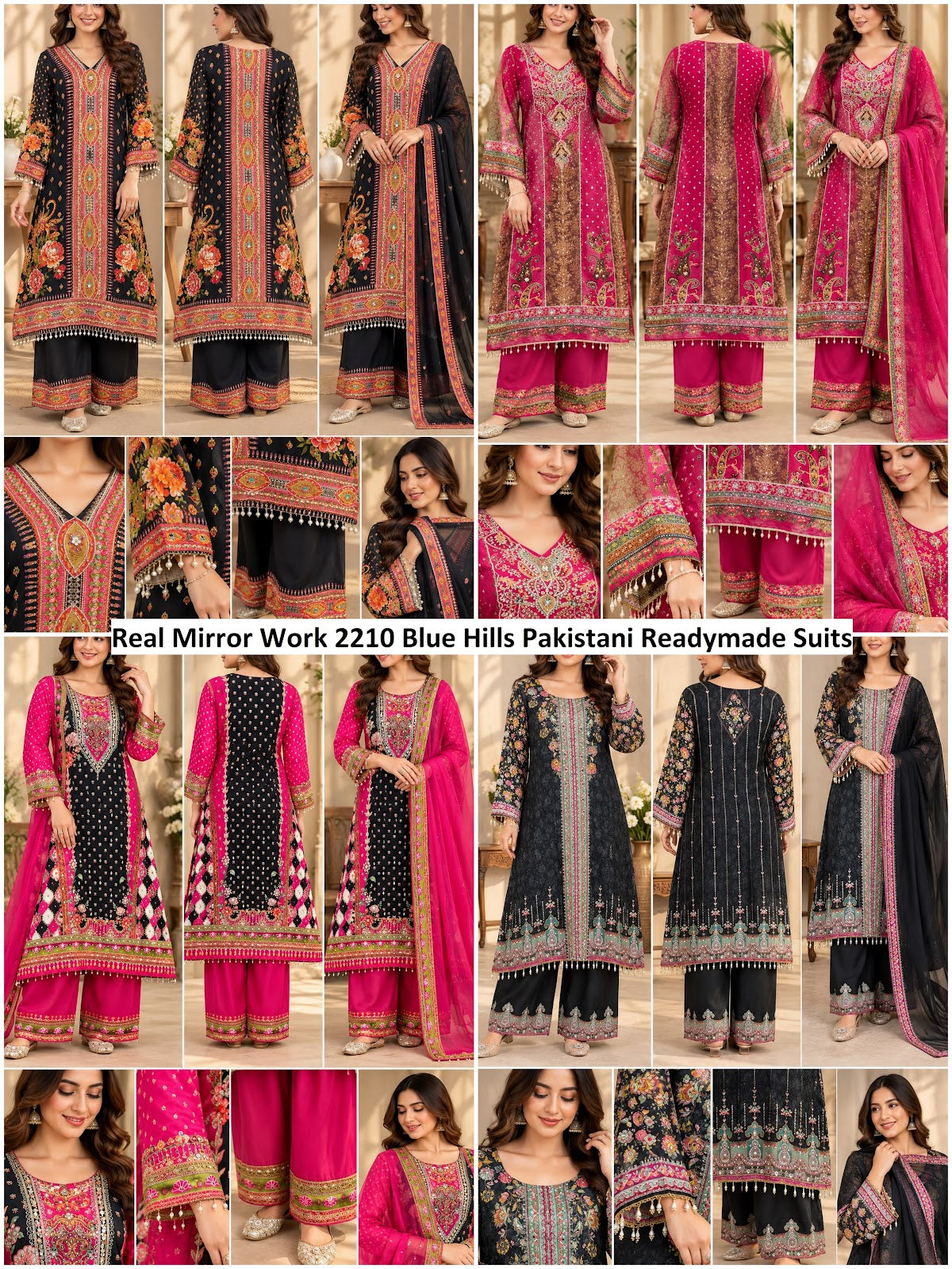 Real Mirror Work 2210 Blue Hills Crepe Pakistani Readymade Suits Supplier India
