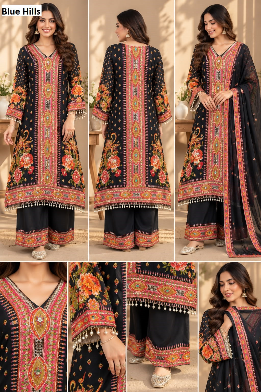 Real Mirror Work 2210 Blue Hills Crepe Pakistani Readymade Suits Supplier India
