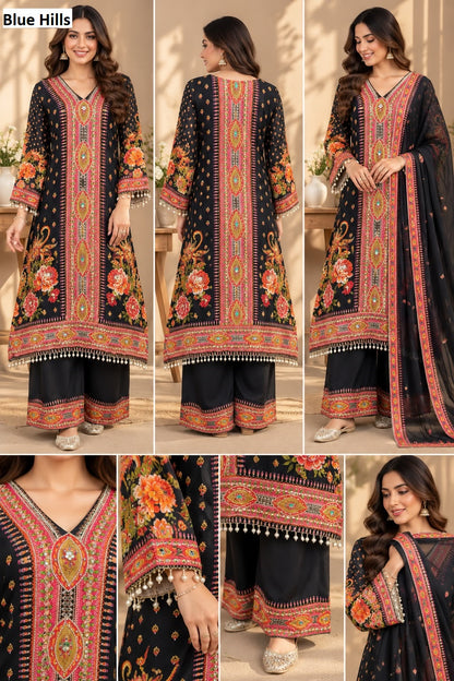 Real Mirror Work 2210 Blue Hills Crepe Pakistani Readymade Suits Supplier India