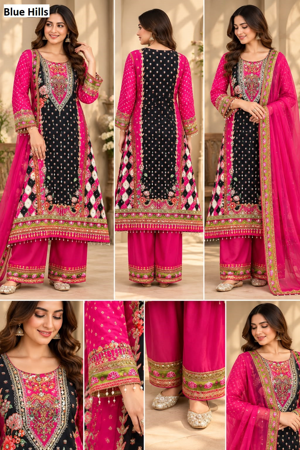 Real Mirror Work 2210 Blue Hills Crepe Pakistani Readymade Suits Supplier India