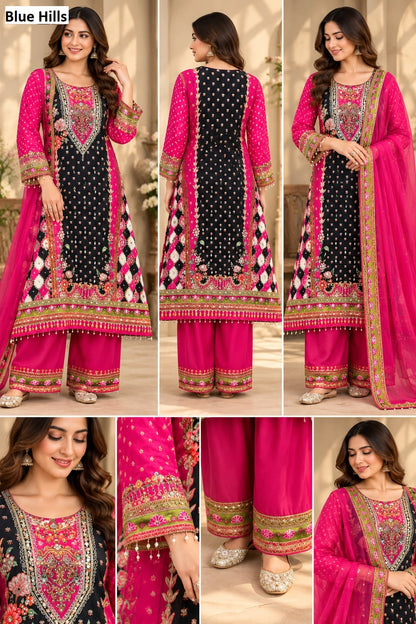 Real Mirror Work 2210 Blue Hills Crepe Pakistani Readymade Suits Supplier India