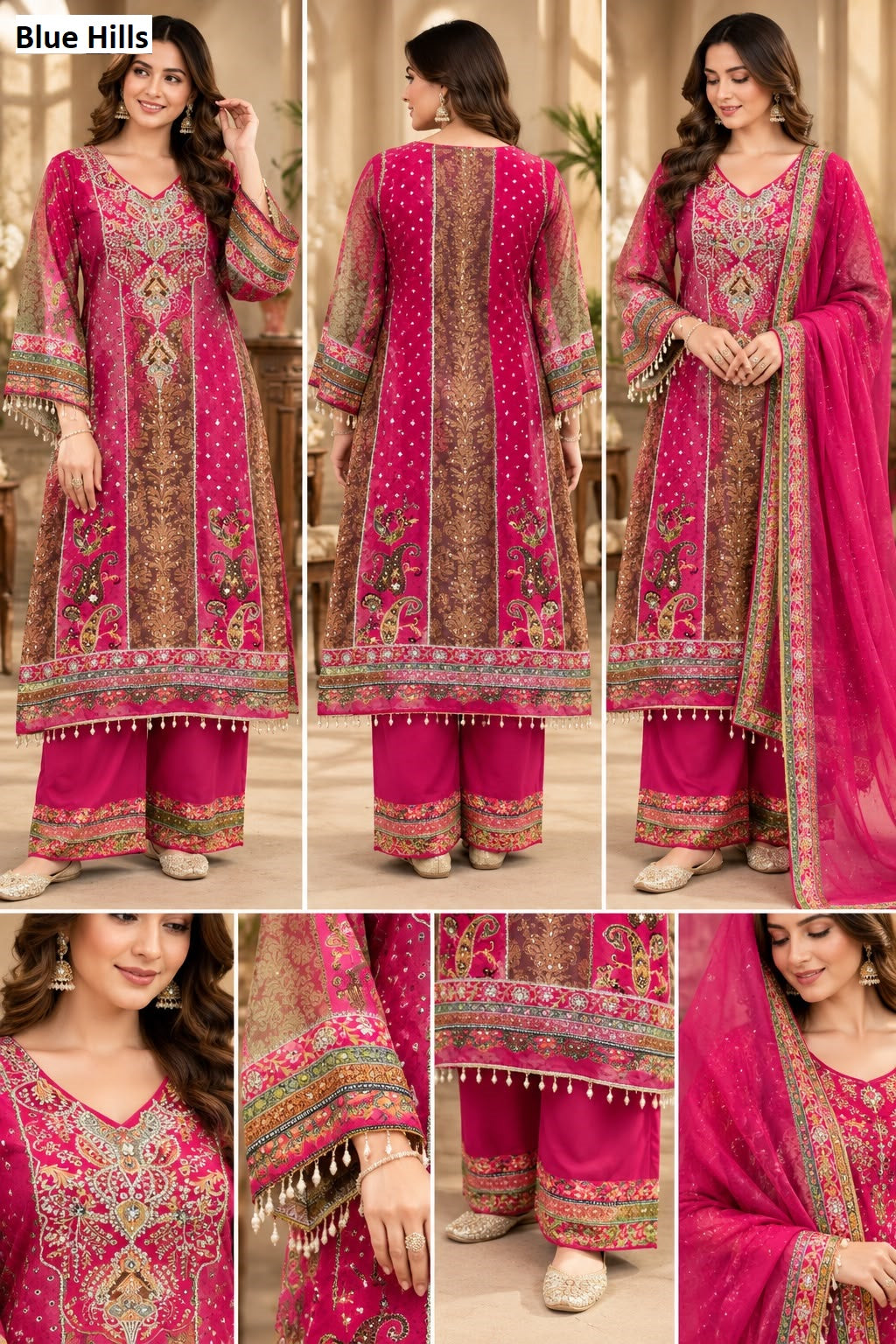 Real Mirror Work 2210 Blue Hills Crepe Pakistani Readymade Suits Supplier India