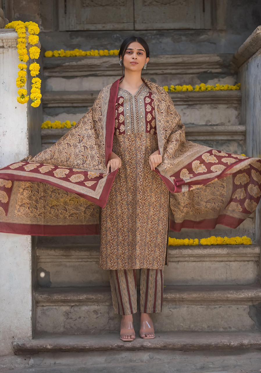 Red Brown Amba Pure Cotton Readymade Pant Style Suits Wholesale Price