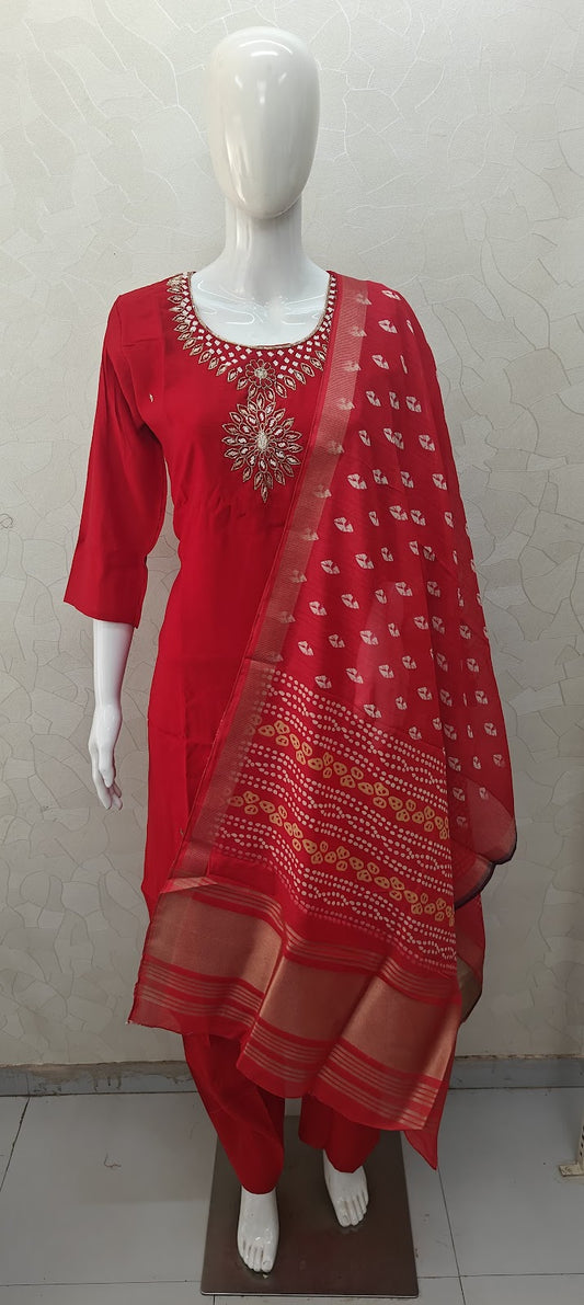 Red Roman Silk Veeha Readymade Pant Style Suits Wholesaler India
