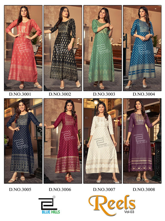 Reels Vol 3 Blue Hills Rayon 14Kg Floor Length Kurtis Supplier India