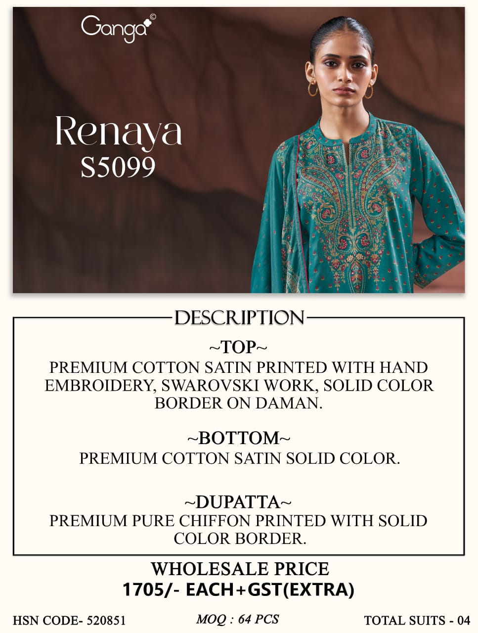 Renaya S5099 Ganga Cotton Satin Plazzo Style Suits Supplier Gujarat