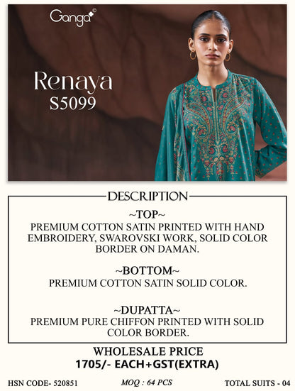Renaya S5099 Ganga Cotton Satin Plazzo Style Suits Supplier Gujarat