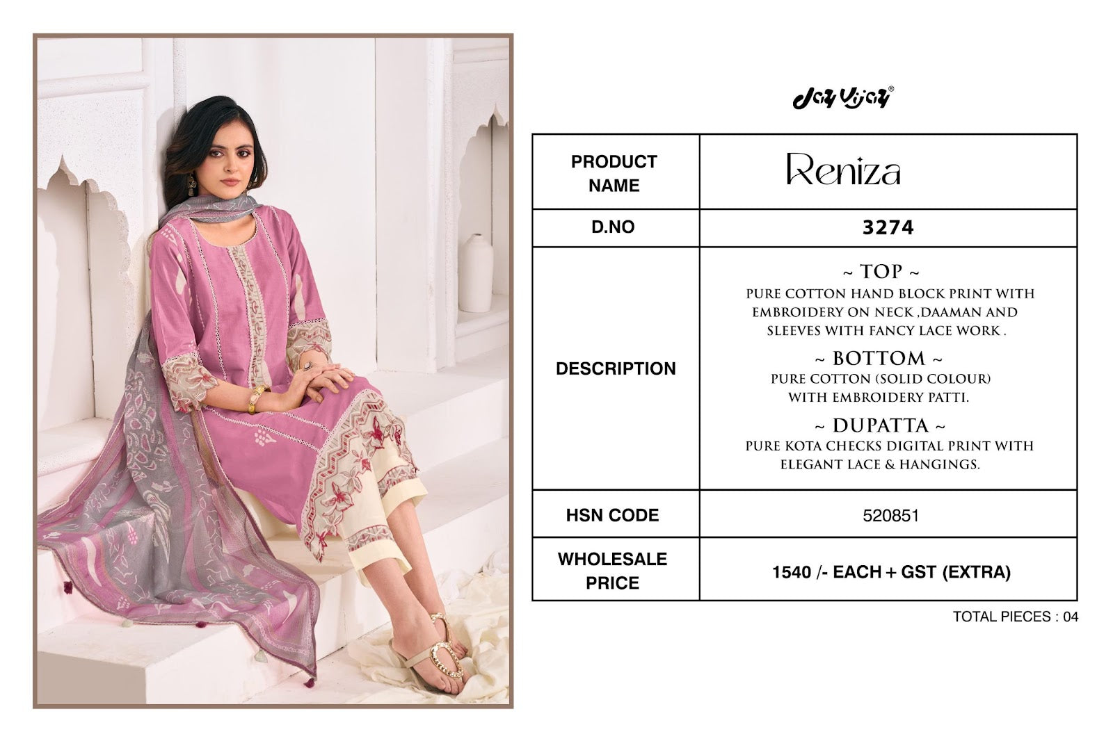 Reniza 3274 Jay Vijay Pure Cotton Pant Style Suits Exporter