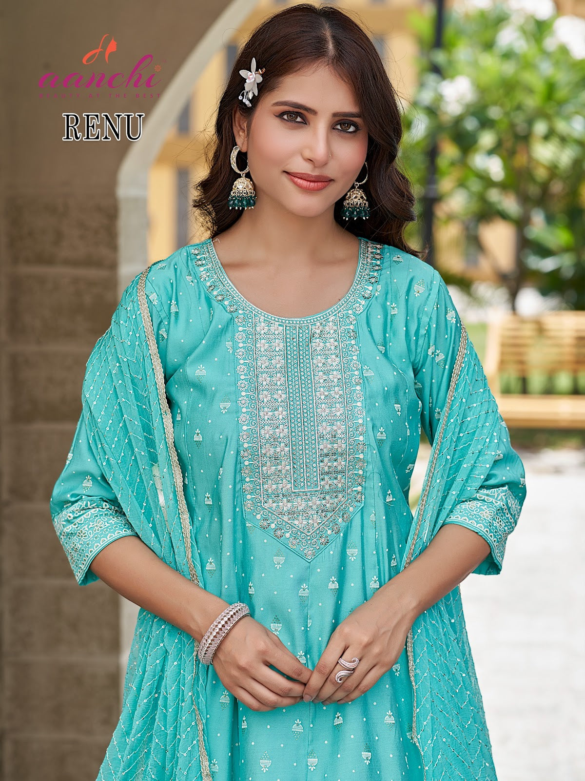 Renu Aanchi Roman Silk Readymade Anarkali Suits Wholesale Rate
