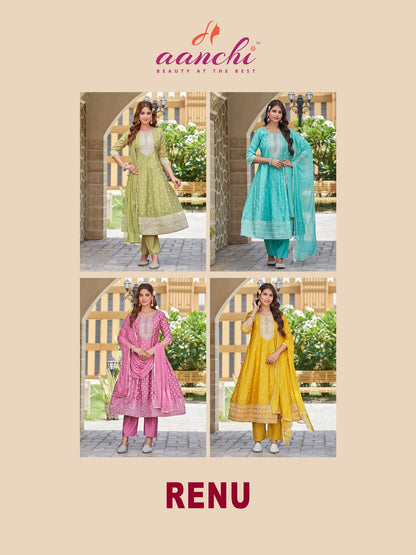 Renu Aanchi Roman Silk Readymade Anarkali Suits Wholesale Rate