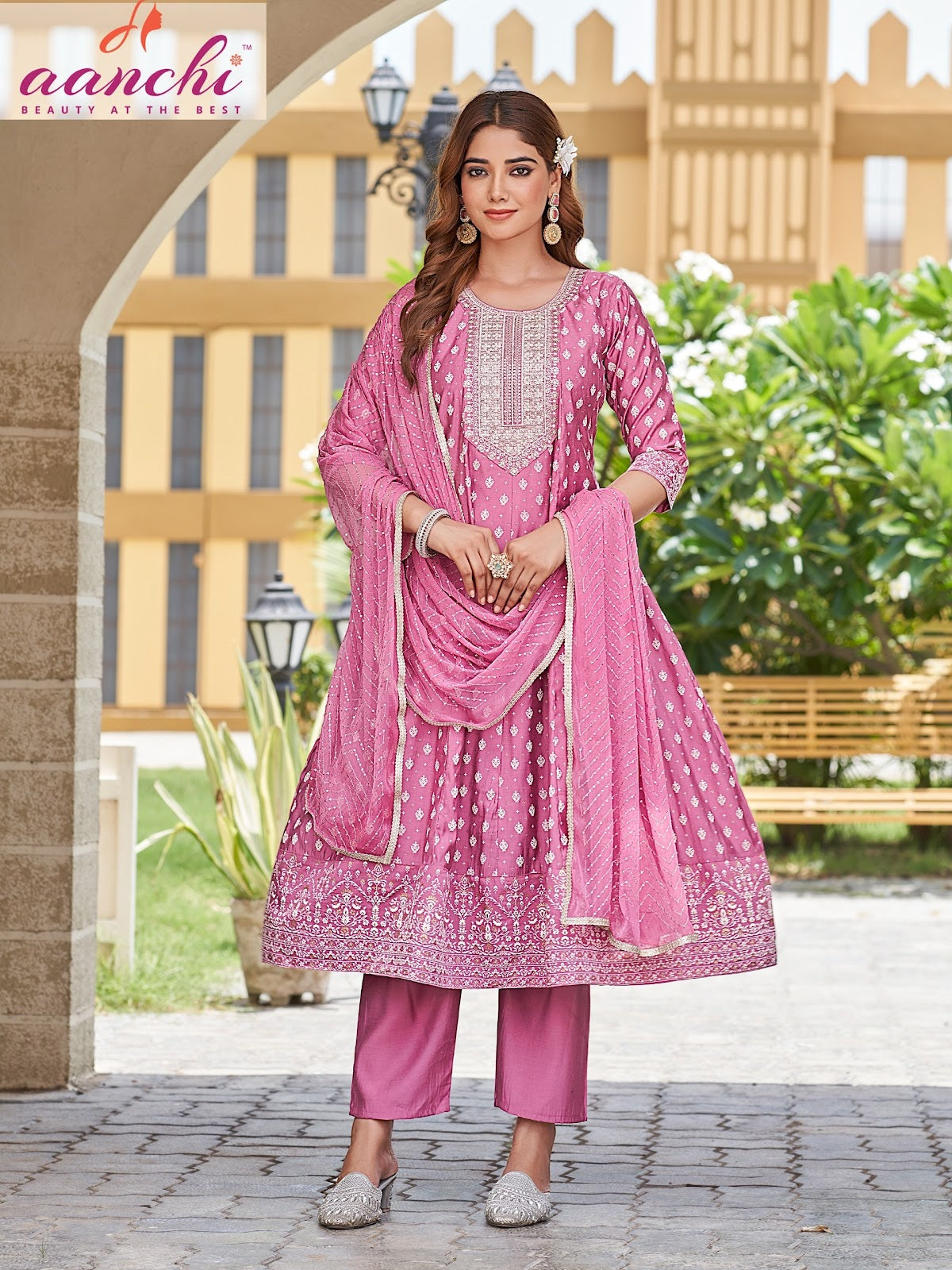 Renu Aanchi Roman Silk Readymade Anarkali Suits Wholesale Rate