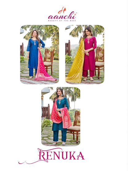 Renuka Aanchi Silk Readymade Pant Style Suits Manufacturer Gujarat