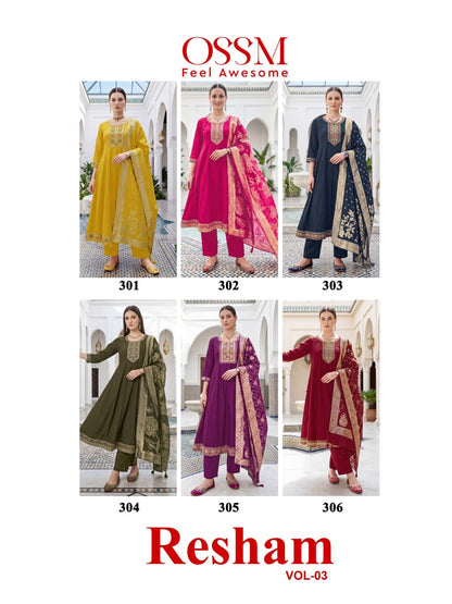 Resham Vol 3 Ossm Roman Silk Readymade Anarkali Suits Wholesale