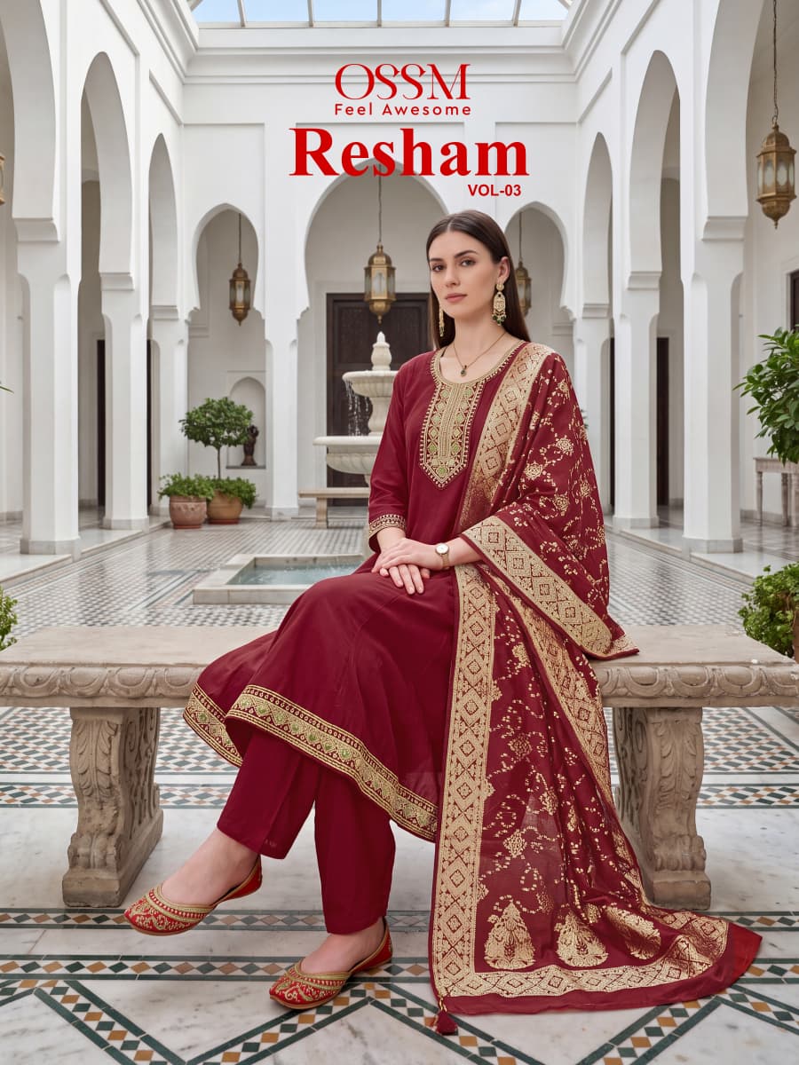 Resham Vol 3 Ossm Roman Silk Readymade Anarkali Suits Wholesale