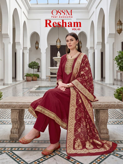 Resham Vol 3 Ossm Roman Silk Readymade Anarkali Suits Wholesale