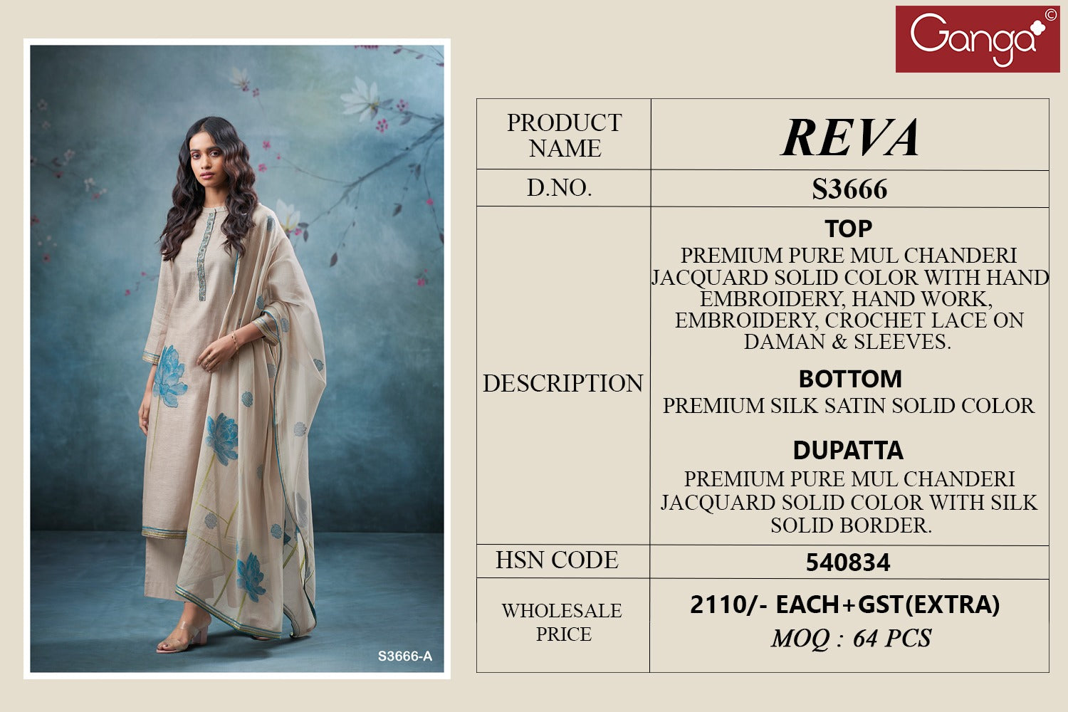 Reva 3666 Ganga Mul Plazzo Style Suits Wholesaler