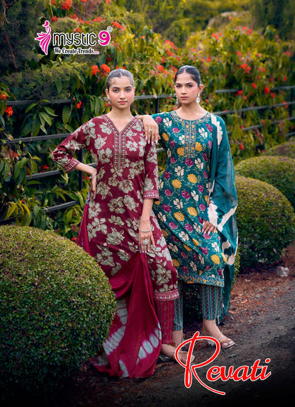 Revati Vol 1 Mystic 9 Rayon Readymade Pant Style Suits Exporter Ahmedabad