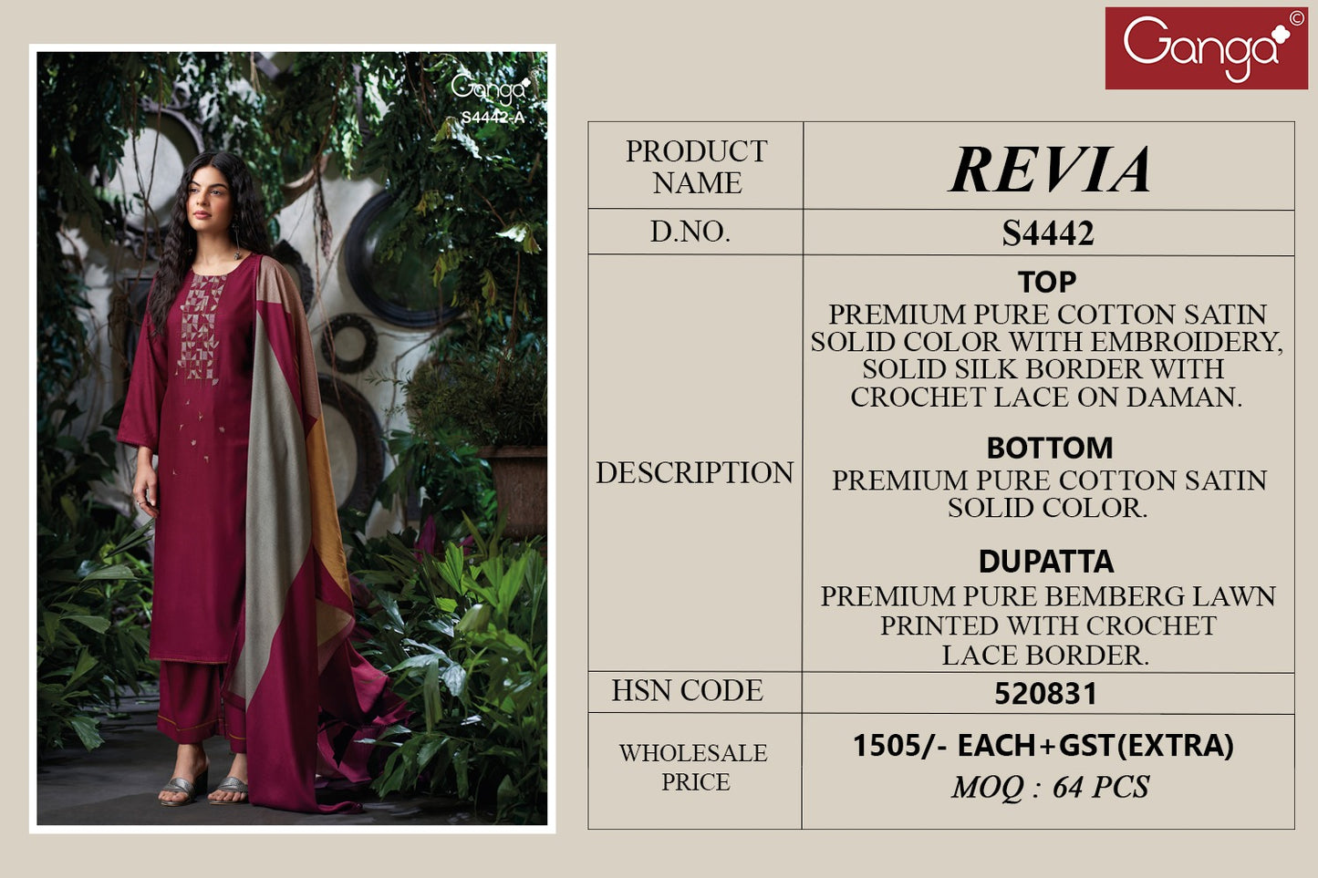 Revia 4442 Ganga Cotton Satin Plazzo Style Suits Exporter Ahmedabad