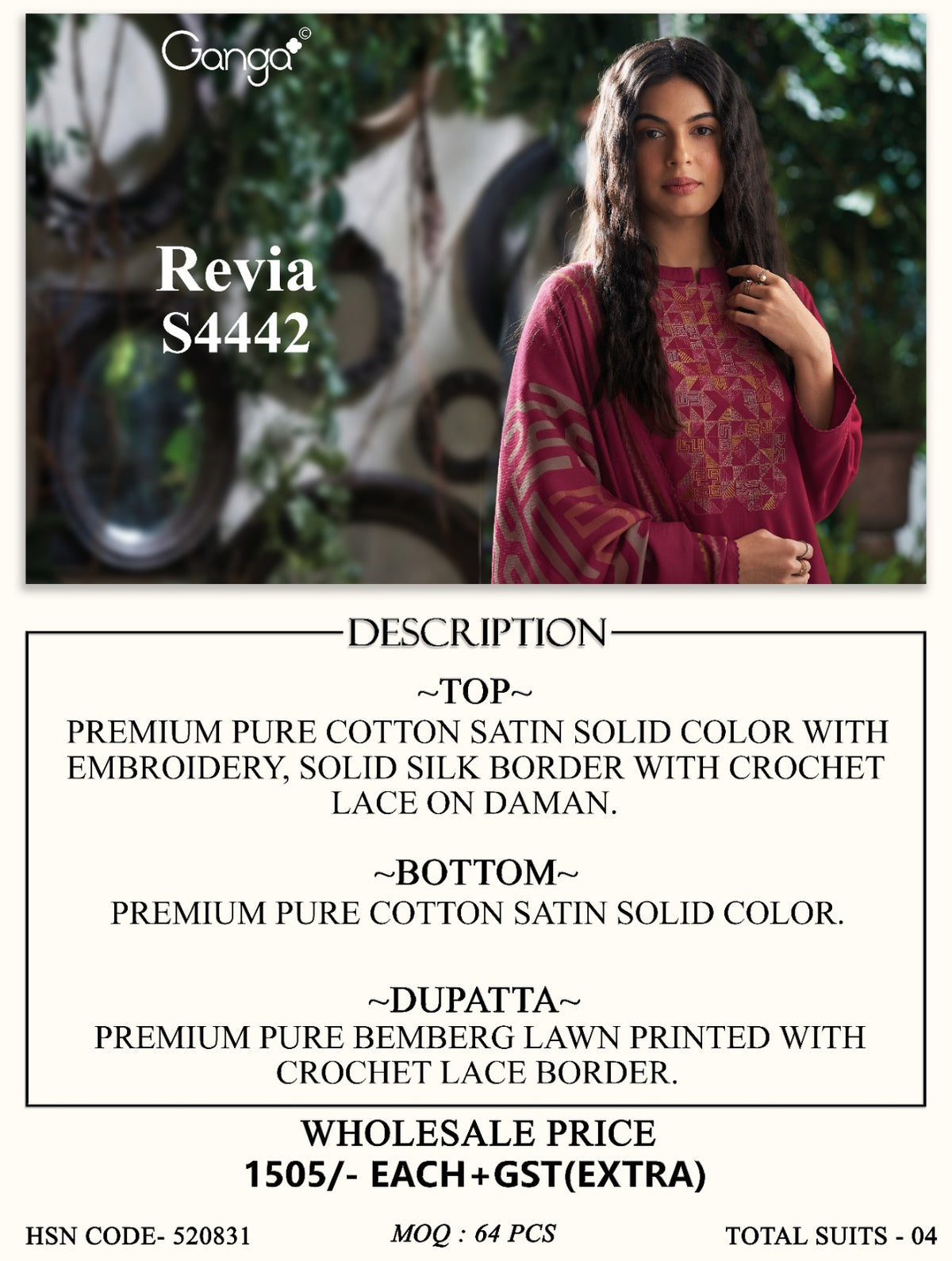 Revia S4442 Ganga Cotton Satin Pant Style Suits Exporter India