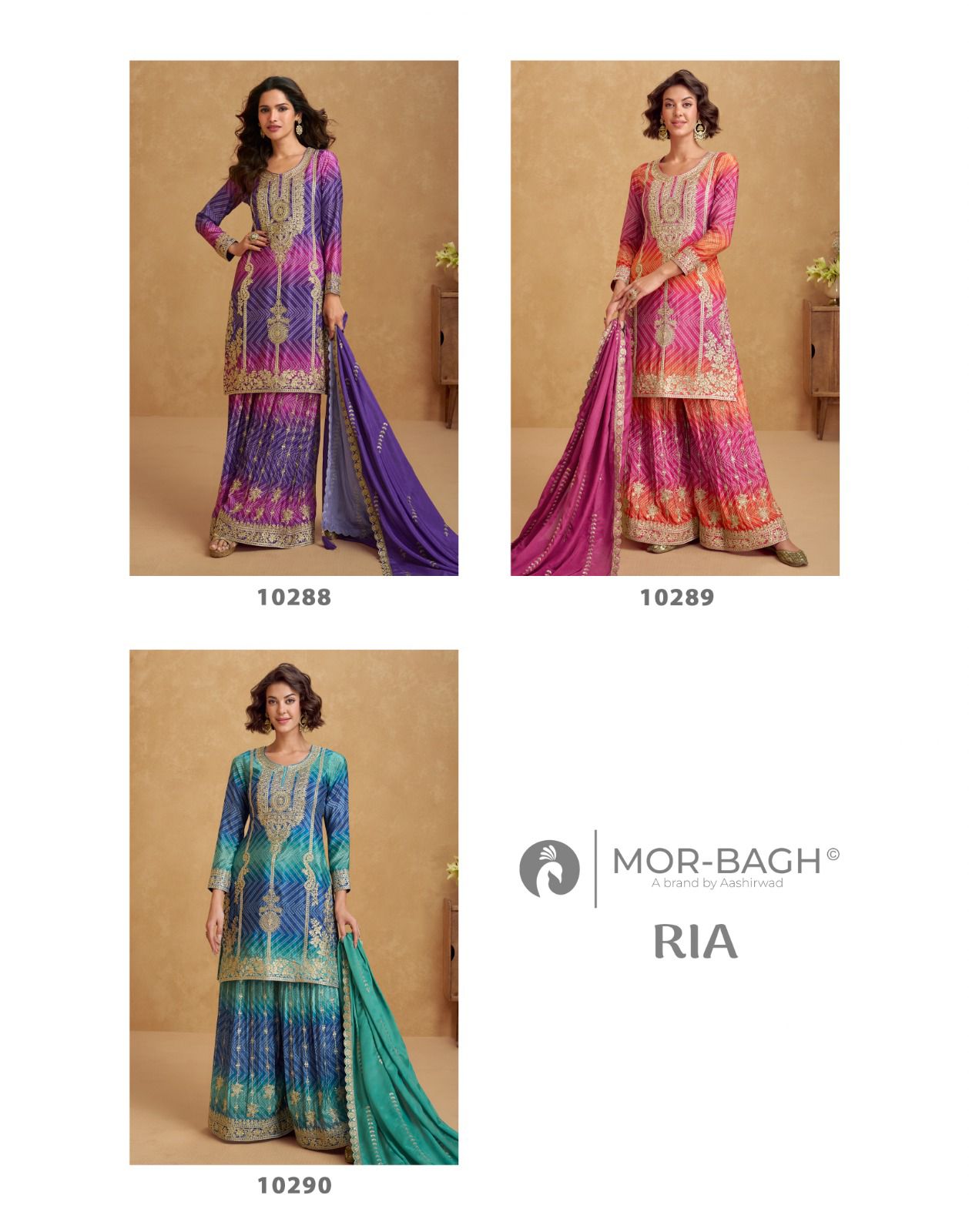 Ria Mor Bagh Chinnon Silk Readymade Plazzo Style Suits Wholesale Price