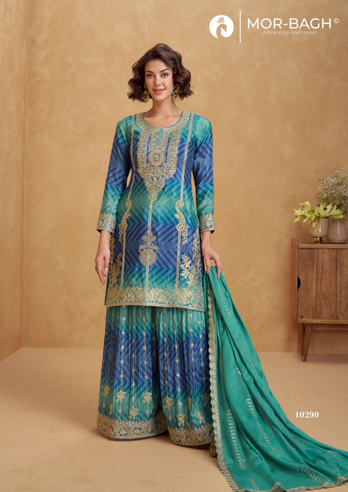 Ria Mor Bagh Chinnon Silk Readymade Plazzo Style Suits Wholesale Price
