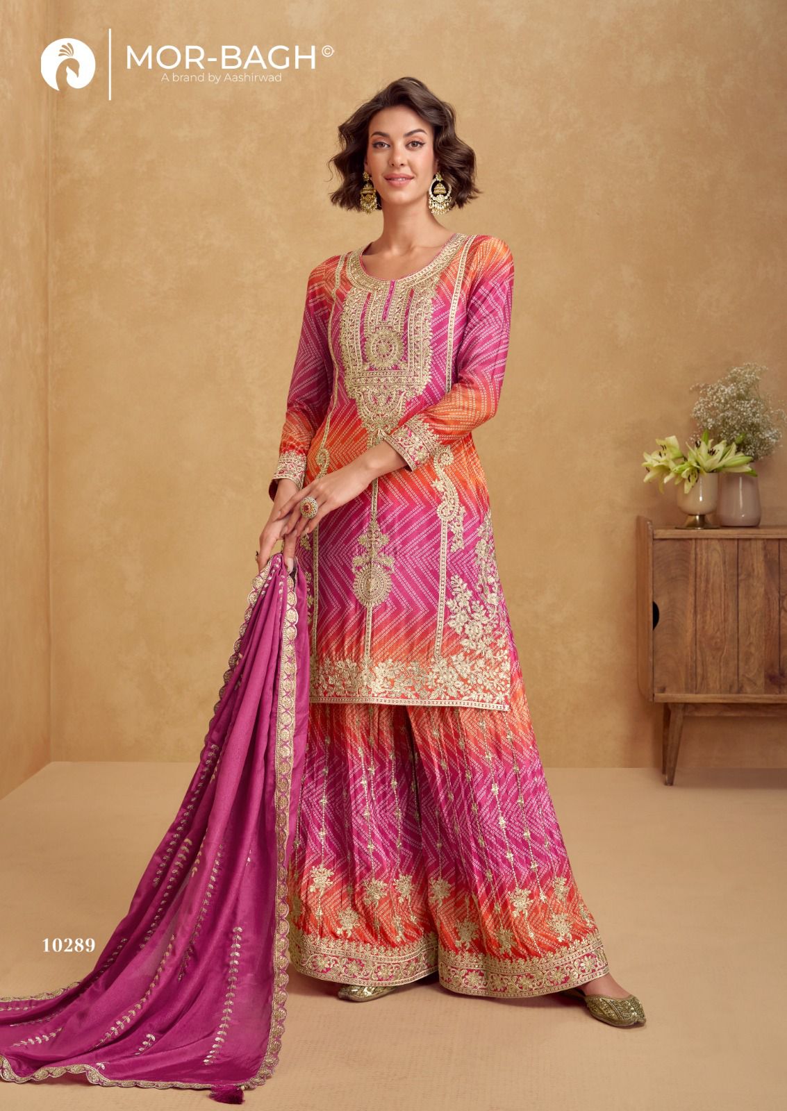 Ria Mor Bagh Chinnon Silk Readymade Plazzo Style Suits Wholesale Price