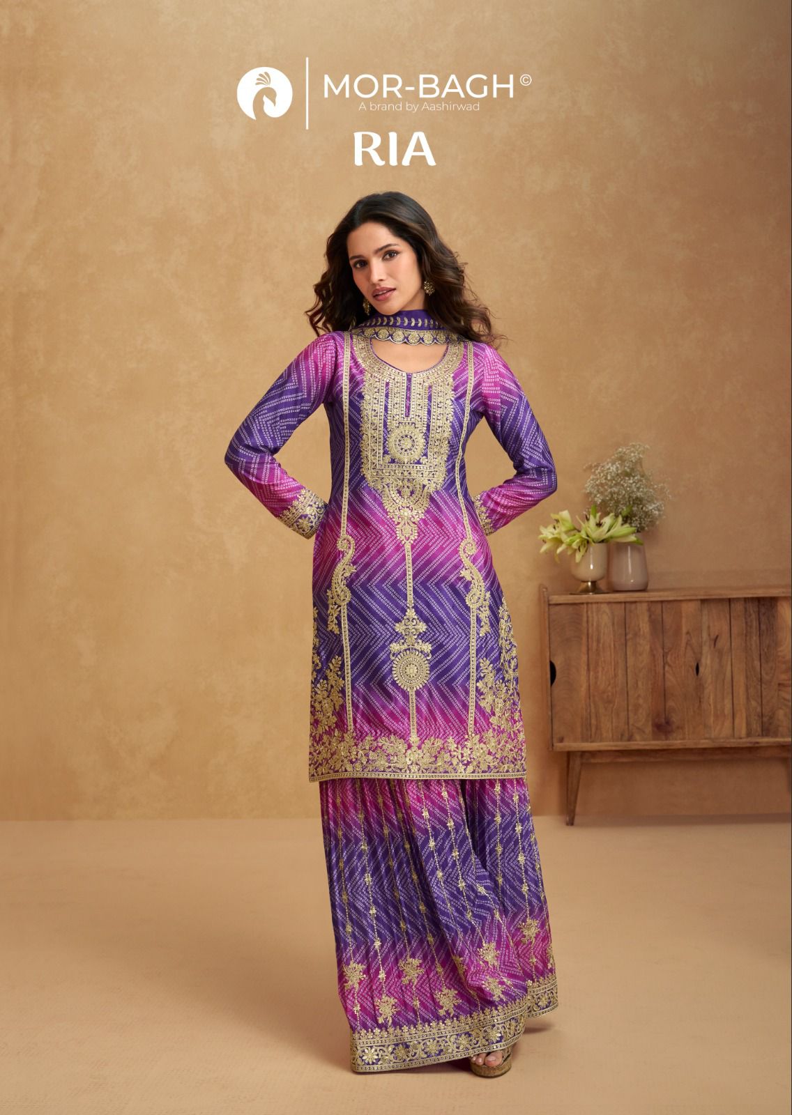 Ria Mor Bagh Chinnon Silk Readymade Plazzo Style Suits Wholesale Price