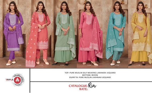 Ria Triple Aaa Pure Muslin Plazzo Style Suits Wholesale Price
